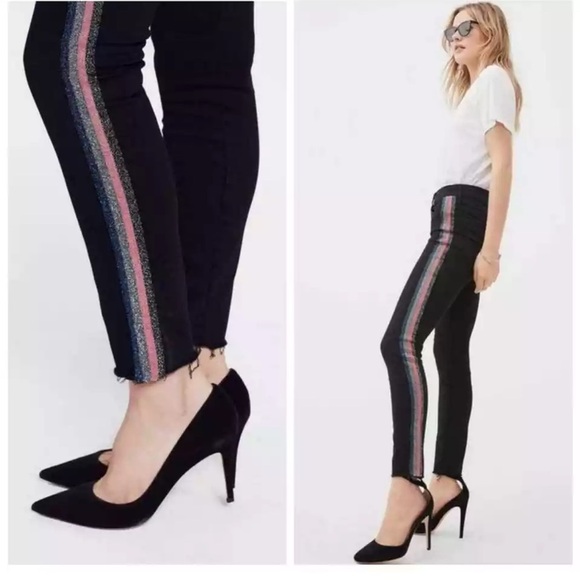 Mother High Waisted Looker Ankle Fray Black Guilty Glitter Racer Stripe Jeans 26 - Picture 3 of 16